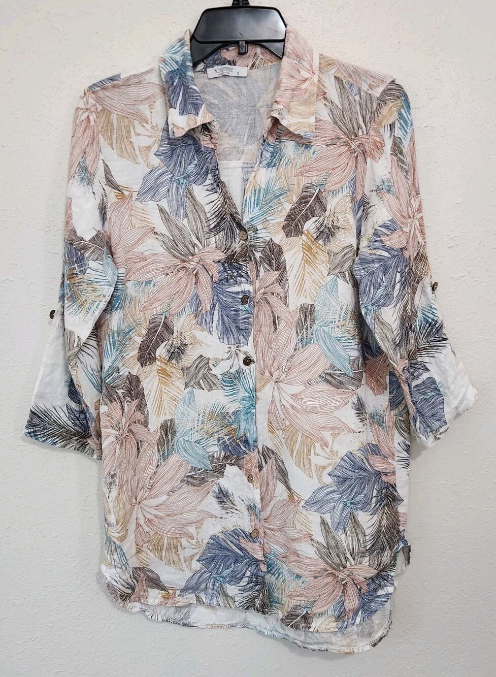 Rosemarine Made Italy Linen Button Shirt Small Tropical Roll Tab Sleeve Coastal